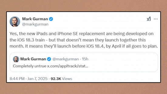 Imagem personalizada para o artigo 'Afinal, não parece que o iPhone SE 4 será lançado este mês' mostrando a postagem X de Mark Gurman em um fundo marrom