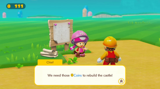 Crítica de Super Mario Maker 2 – Toadette dizendo a Mario que precisa de moedas para reconstruir o castelo