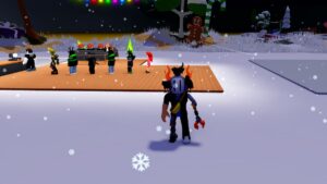 Roblox Cafe Business Tycoon Avatar Wearing Helmet Standing In Snow As People Wait In Line For Tea