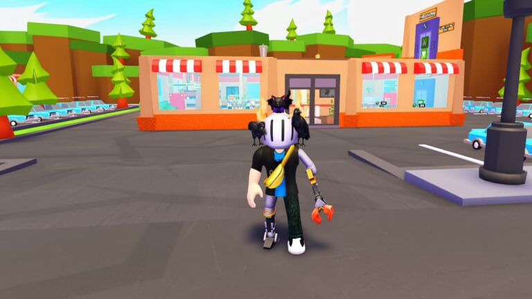 Roblox Fast Food Tycoon Avatar Wearing Silver Helmet Outside Fast Food Place With Blue Cards Parked