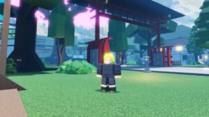 Roblox Jump Warriorz Blonde Haired Avatar Wearing Black Clothes Standing Before Japanese Archway Entrance