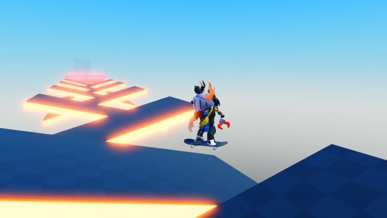 Roblox Skateboard Of Hell Obby Avatar Wearing Silver Helmet On Skateboard Jumping In Mid Air Above Tilting Platforms