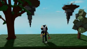 Roblox Generic Card Rng Avatar Wearing Helmet Standing Near Trees With Floating Islands In The Background