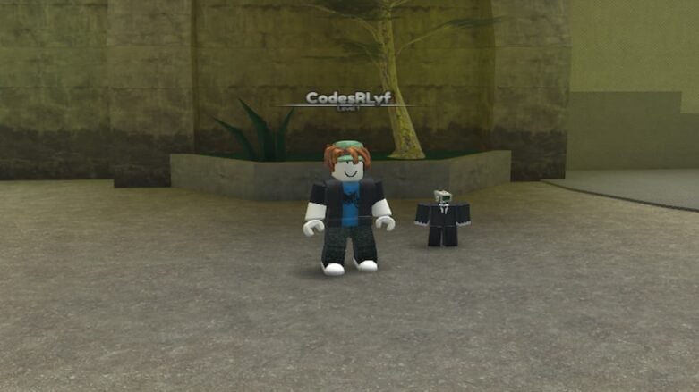 Roblox Titan Tower Defense em pé na pedra com uma árvore atrás e um cinegrafista de estimação