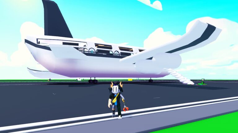 Roblox Luxury Plane Tycoon Avatar Wearing Silver Helmet On Runway As Giant Plane Is Being Built Behind