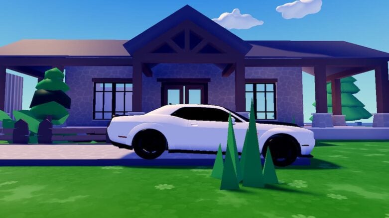 Roblox Ultimate Home Tycoon Um carro branco na garagem estacionado do lado de fora de casa