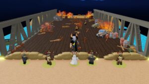 Roblox Trench War Tower Defense Standing On Battlefield With Cars On Fire As Units Fire At Enemies From Behind Sandbags