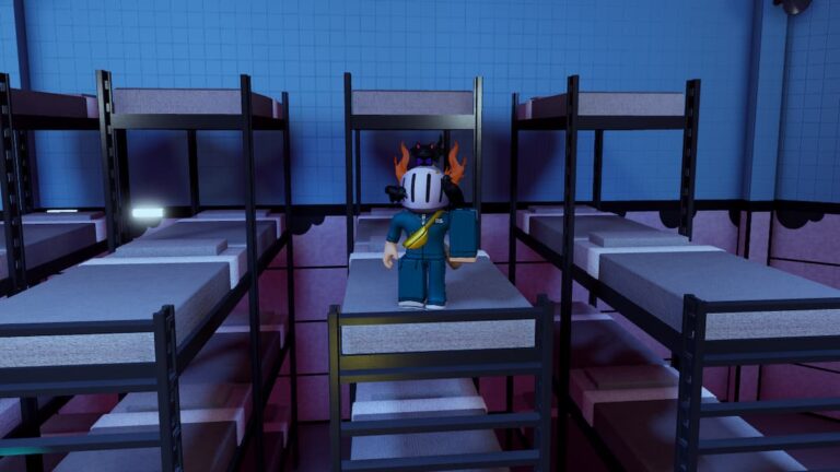 Roblox Squiddy Game Avatar Wearing Silver Helmet And Green Overalls Standing On Three Tier Bunk Beds