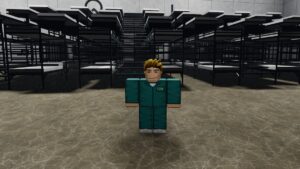 Roblox Octopus Game Avatar Wearing Green Outfit 124 Blonde Hair Standing Before Multiple Bunkbeds