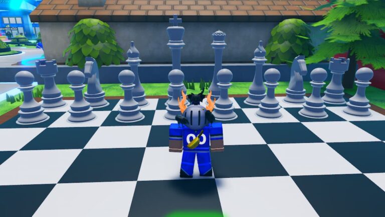 Roblox Beast Games Avatar Wearing Helmet Standing On Giant Chess Boards With White Chess Pieces In Background