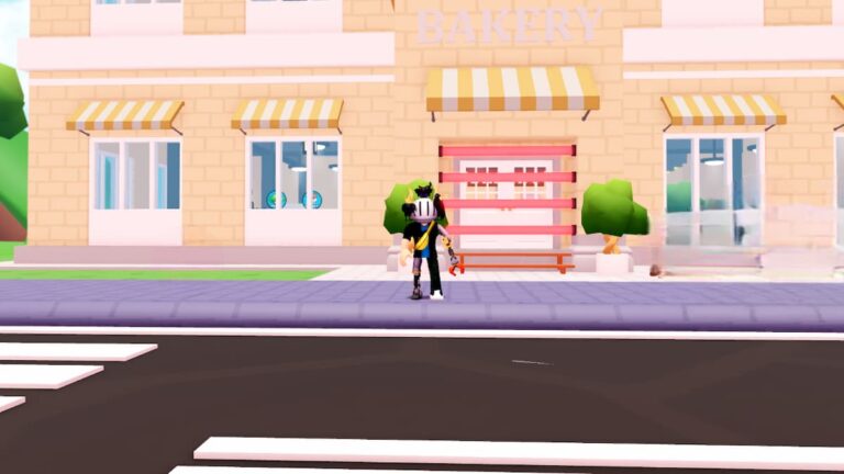 Roblox Bakery Shop Tycoon Avatar In Black Wearing Helmet Standing Outside Bakery With Red Lasers Covering Entrance