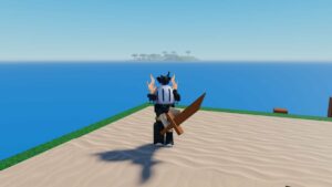 Roblox Speed Piece Avatar Wearing Helmet Holding A Wooden Sword Near Ocean With Island In Background