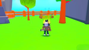 Roblox Strong Muscle Simulator Avatar Wearing Helmet Topless Holding Weight In Right Hand Near Tree