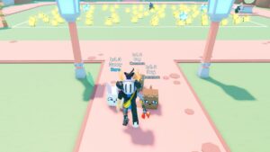 Roblox Pet Star Simulator Avatar Standing On Pink Road With Pets As Yellow And Blue Stars Lay On The Ground Behind