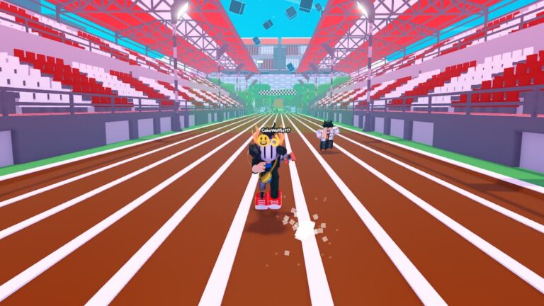 Roblox Racing Simulator Avatar In Helmet Wearing Big Red Shoes Racing Down Brown Track With White Lines