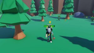 Roblox Rpg Fighting Simulator Avatar Wearing Helmet Standing Near Trees As Green Goblins Roam Around