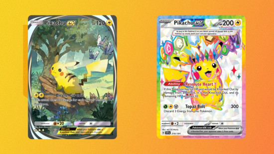 Cartão imersivo Pikachu ao lado de um cartão Surging Sparks Pikachu ex Hyper Rare