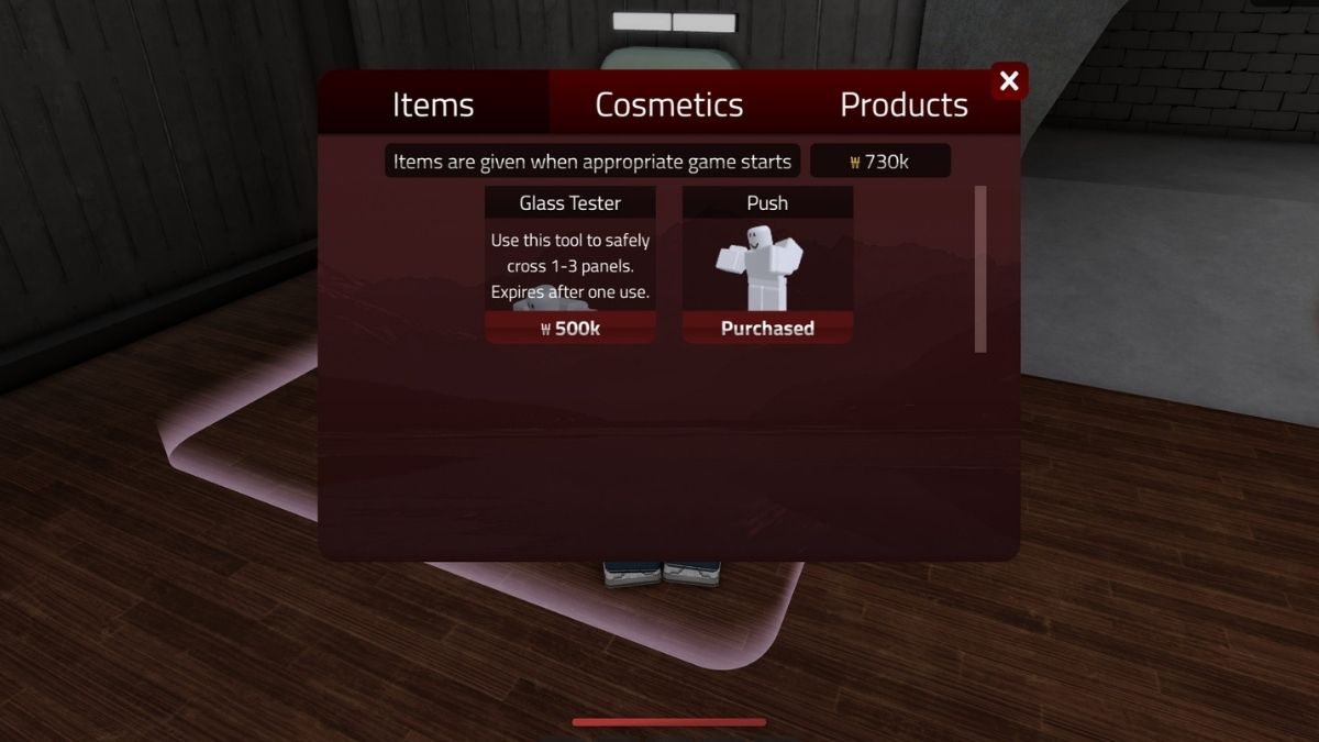 Compra de item do Glass Tester no Shrimp Game