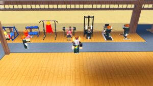 Roblox Build A Beach Gym And Prove Bullies Wrong Standing On Wood Floor As Npcs Exercise Using Gym Machines Behind