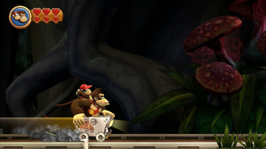 Captura de tela da análise HD de Donkey Kong Country Returns mostrando uma seção de minecart em um nível