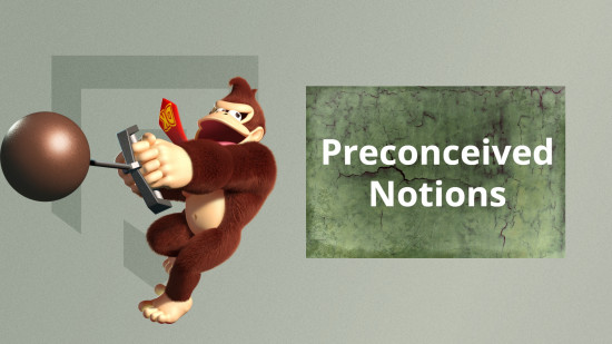 Donkey Kong balançando uma bola em uma corrente em direção às noções preconcebidas de alguém.