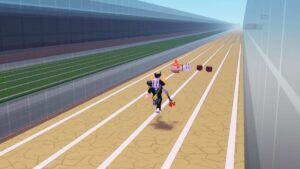 Roblox Run Race Simulator Avatar Wearing Helmet Running Fast On Beige Race Track With Pets Behind