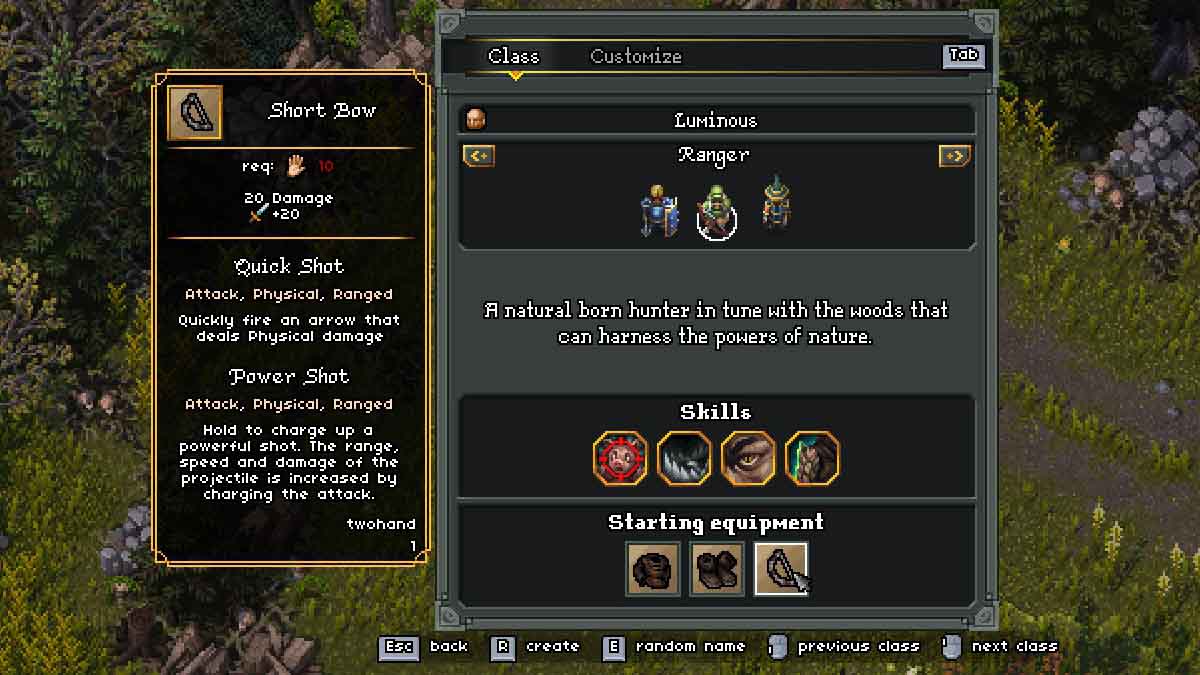 Menu da classe Ranger em Heroes of Hammerwatch 2