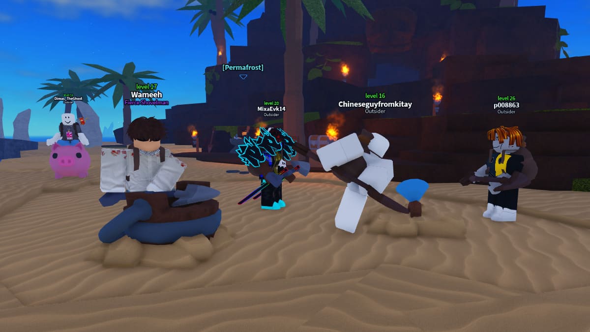 Grupo de jogadores na ilha pirata em Roblox Dig It