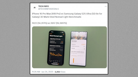 Imagem personalizada para 'Samsung Galaxy S25 lança Gaming Gauntlet para o artigo do iPhone 16 Pro Max' mostrando uma captura de tela dos resultados dos testes de referência das informações de tecnologia do usuário de mídia social