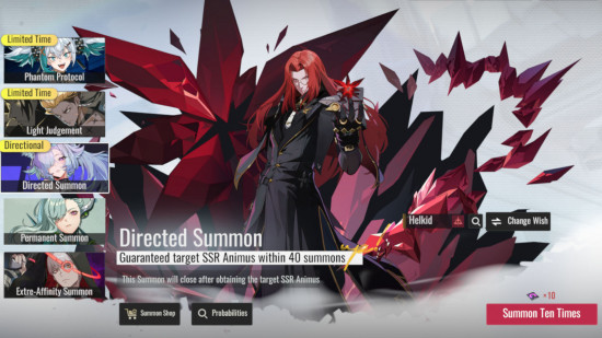 Etheria: Restart tier list – uma captura de tela da Etheria: Restart Directed Summon com Helkid como o personagem SSR selecionado