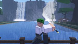 Roblox Onikami Legacy Standing On Bridge Swinging Katana Waterfall Behind