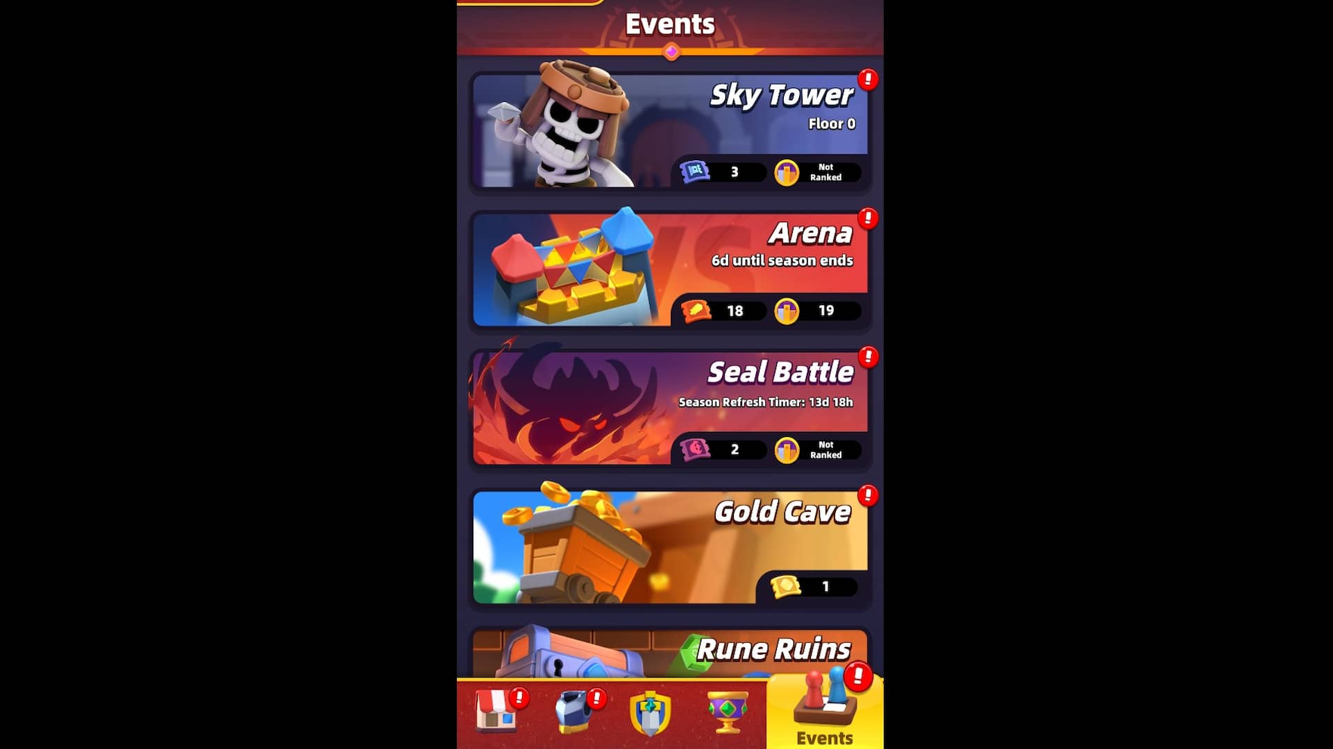 Menu de eventos no Archero 2