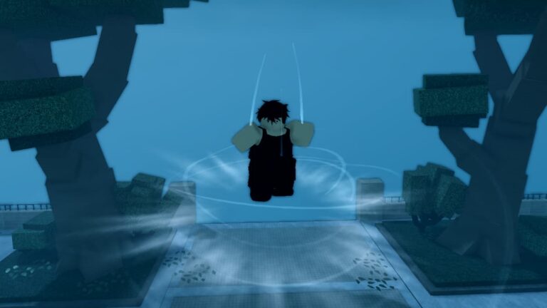 Roblox Jujutsu Odyssey Black Haired Avatar Jumping In Mid Air With Gust Wind Effect By Trees