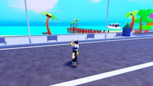 Roblox Wblack Skate Simulator Avatar Wearing Helmet Skateboarding On Road Near Ocean