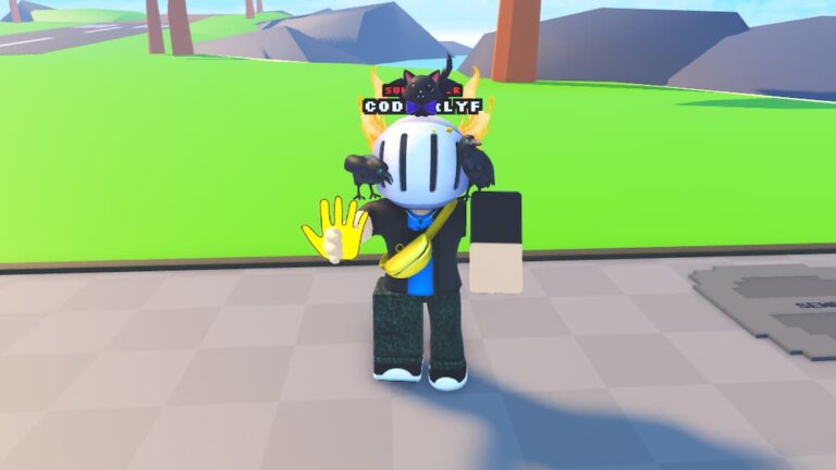 Roblox Disch Avatar Holding Yellow Hand Also Wearing Silver Helmet With Cat On Top