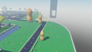 Roblox Be A Peanut Three Peanuts In Varying Sizes On Roads And Grass With Fruit On The Floor