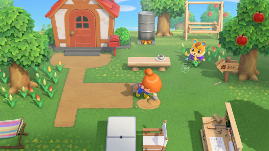 Animal Crossing New Horizons Review - Um personagem deslizando na sujeira enquanto um hamster antropomórfico olha