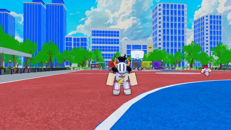 Roblox Kurokus Basket Showdown Avatar In White Pink Strip Standing On Red And Blue Court