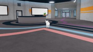 Roblox Murder Mittens A White Cat Standing In Posh Office Reception With Colored Lines On Floor