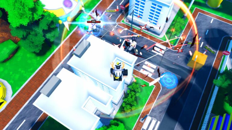 Roblox Anime Rng Defense Avatar Wearing Silver Helmet Standing On Top Of Tall White Building