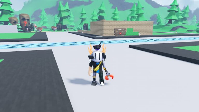 Roblox Build Defense Avatar Wearing Silver Helmet Standing On Grey Floor With A House Behind