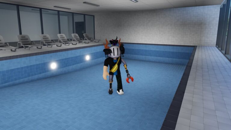 Roblox Build A Resort Tycoon Avatar Wearing Silver Helmet Standing In Swimming Pool