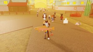 Roblox Sell Fish To Rule The World Silver Helmet Wearing Avatar Holding Giant Yellow Cod