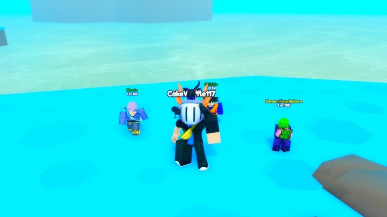 Roblox Anime Heroes Rng Avatar Wearing Silver Helmet On Blue Floor Near Water With Three Pets