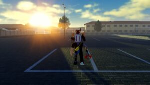 Roblox Drag Drive Simulator Standing On Cobble Stone With Sun Behind