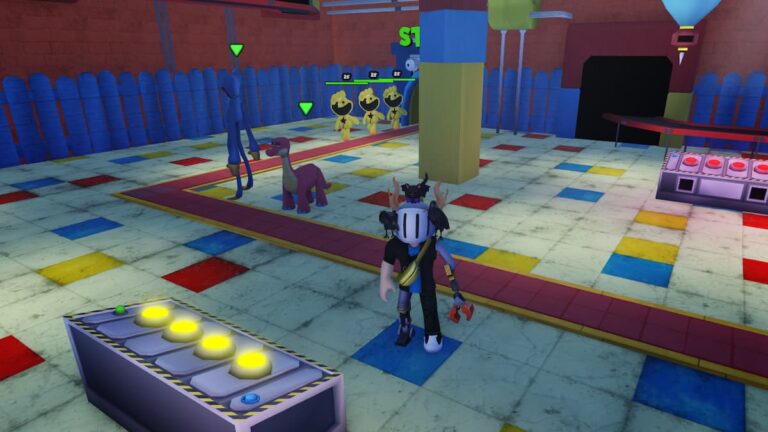 Roblox Poppy Tower Defense Avatar Wearing Silver Helmet Standing In Haunted Arcade