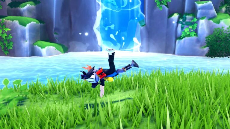 Roblox Emote For Ugc Avatar Wearing Silver Helmet Doing A V Pose Near A Waterfall In Grass