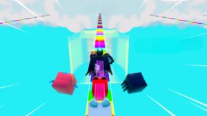 Roblox Superhero Simulator Batman Flying Through Blue Sky With Rainbow Track Below