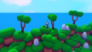 Roblox Omega Rarities Avatar Standing In Green Hilly Forest With Ocean Behind