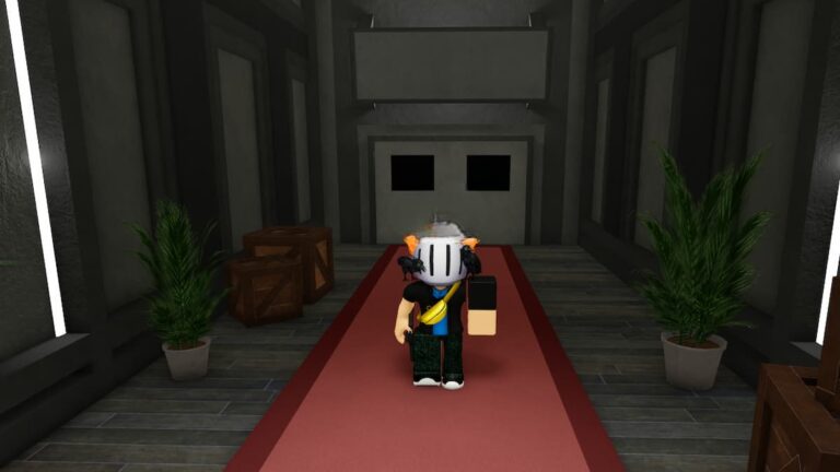 Roblox Decide Or Die Avatar Wearing Silver Helmet Standing On Red Carpet Near Plants And Boxes